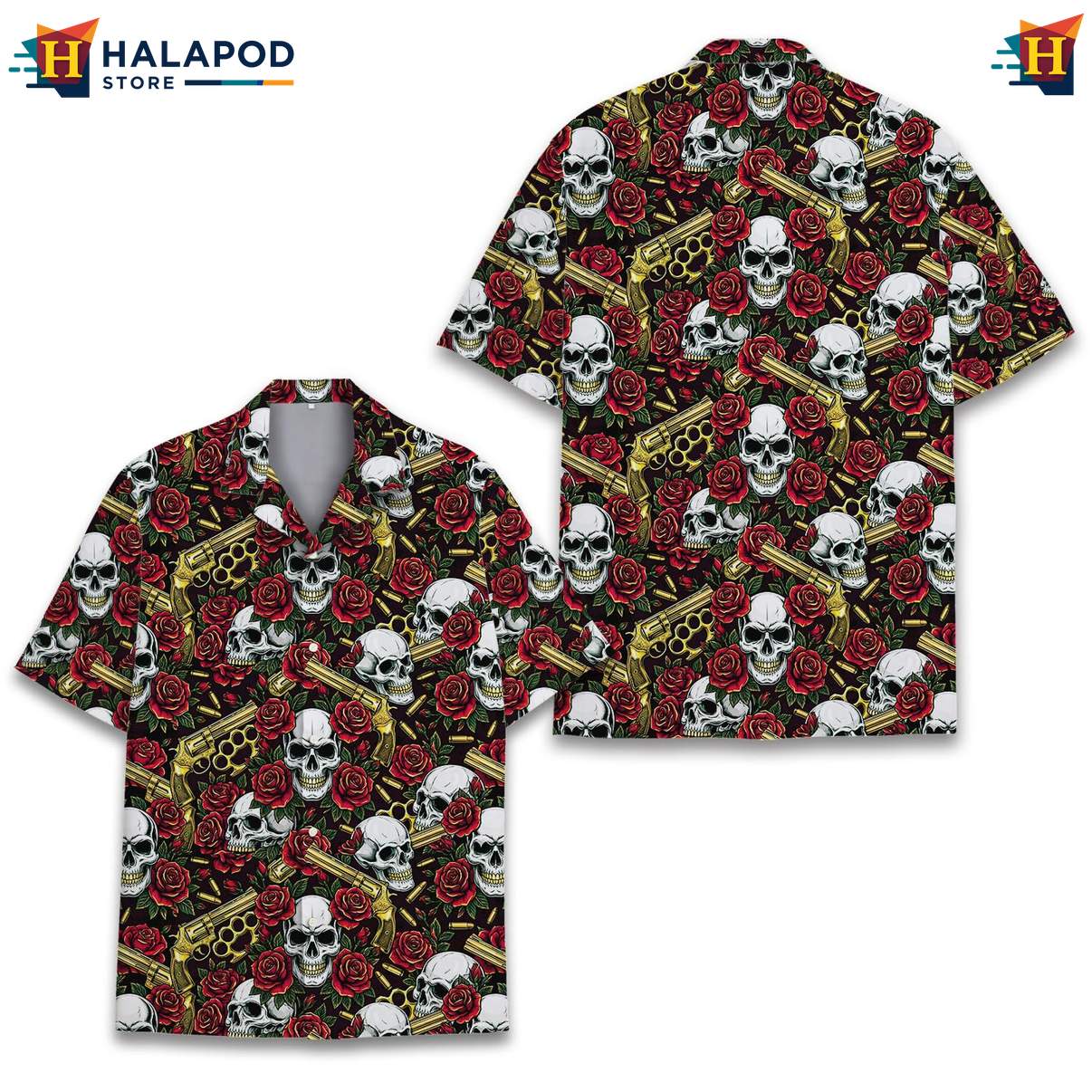 Edgy Rose Skull Aloha T-Shirt, Vibrant Red Roses And Skulls Summer Button Down Shirt