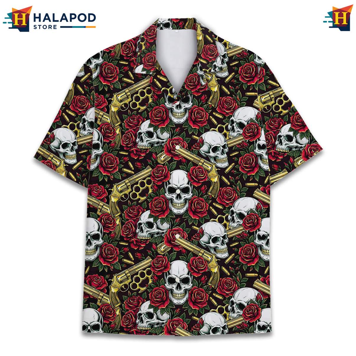 Edgy Rose Skull Aloha TShirt, Vibrant Red Roses And Skulls Summer Button Down Shirt