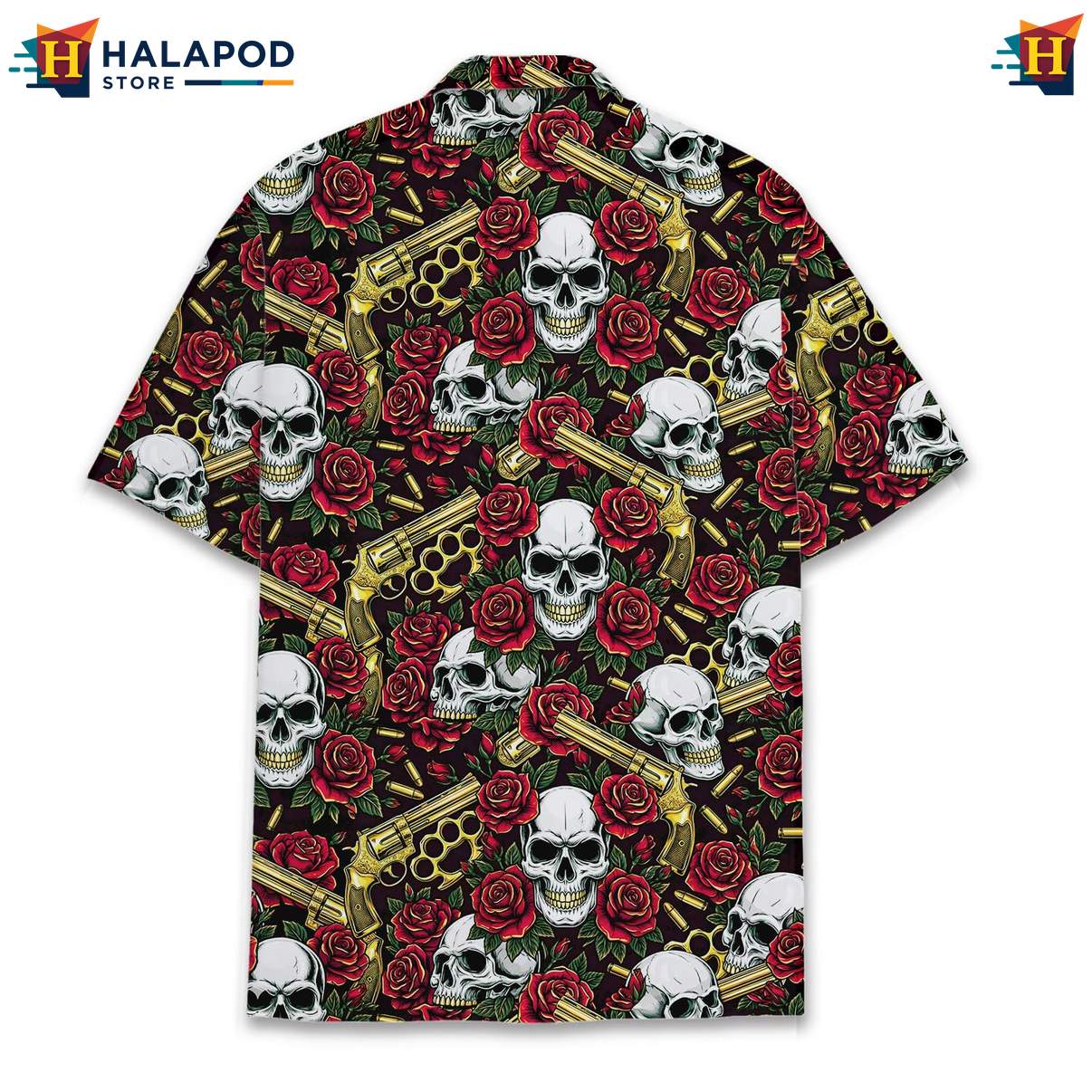Edgy Rose Skull Aloha Tee, Vibrant Red Roses And Skulls Summer Button Down Shirt