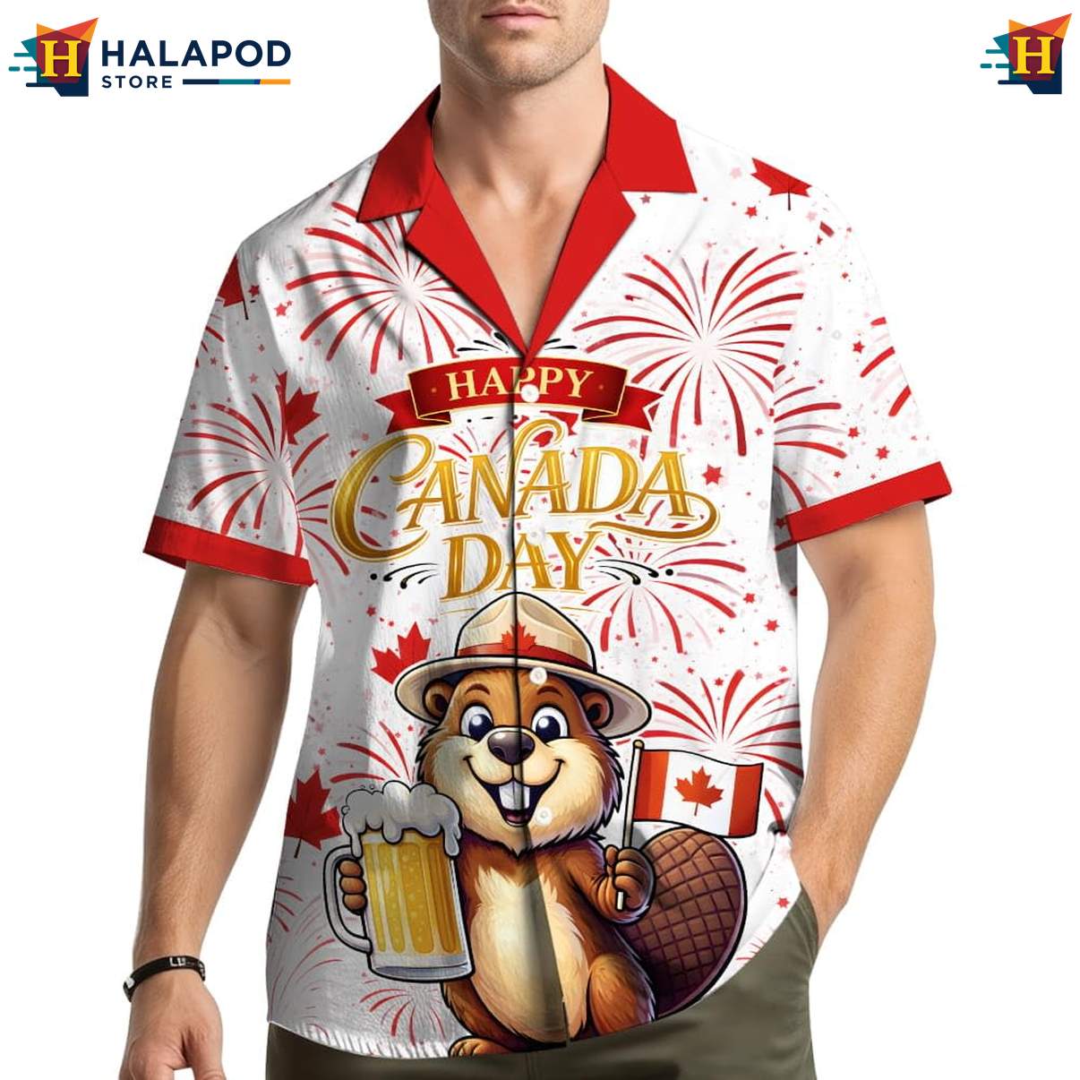 Festive Beaver Hawaiian Shirt, Canada Day Shirt With Fireworks And Maple Leaves