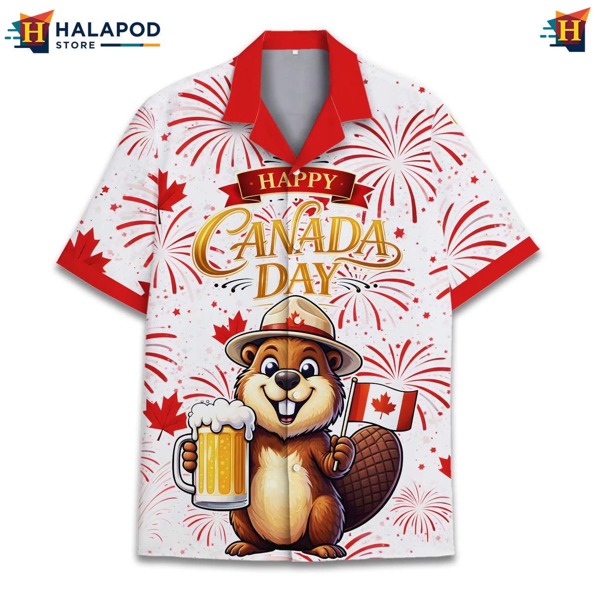 Festive Beaver Tropical Shirt, Canada Day Shirt With Fireworks And Maple Leaves