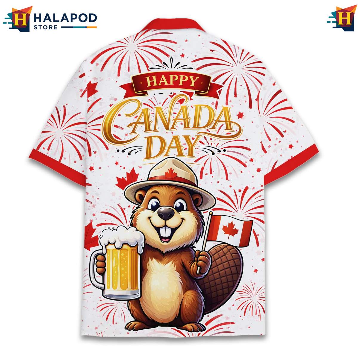 Festive Beaver Aloha Shirt, Canada Day Shirt With Fireworks And Maple Leaves