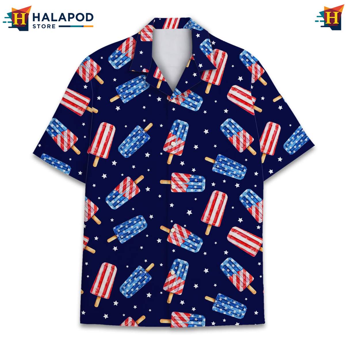Festive Ice Cream Aloha T-Shirt, Usa Flag Button Down Shirt For 4th Of July Celebrations