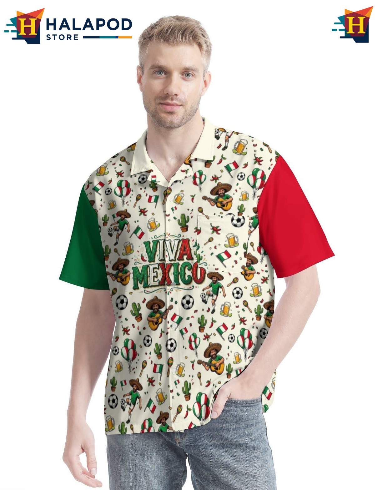 Festive Mariachi Short-sleeve button-up shirt, Viva Mexico Cartoon Musician Button Up Shirt