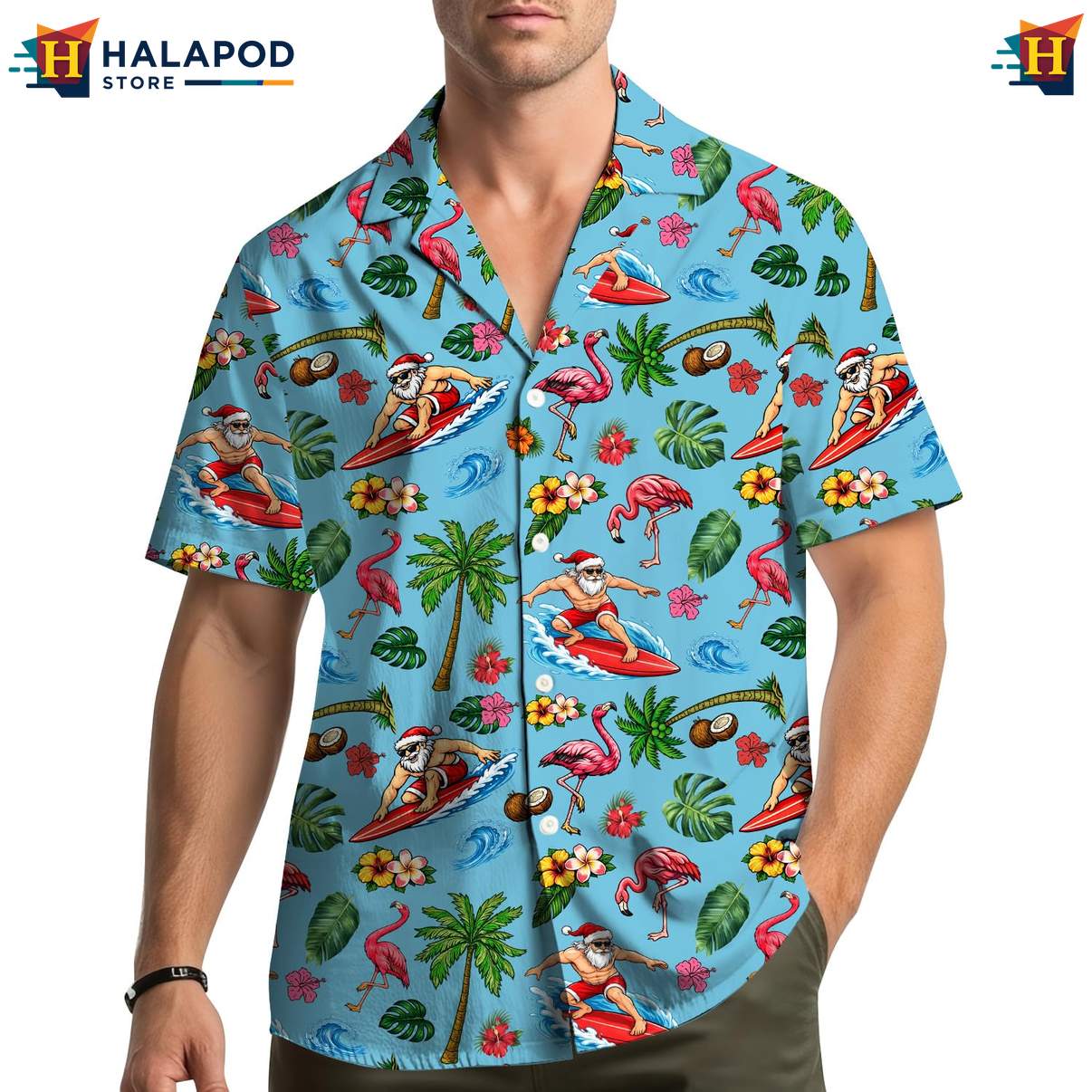 Festive Santa Claus Hawaiian Shirt, Blue Summer Shirt With Tropical Elements