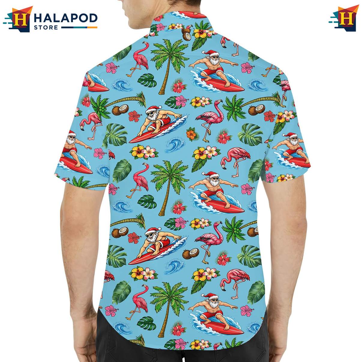 Festive Santa Claus Short-sleeve button-up shirt, Blue Summer Shirt With Tropical Elements