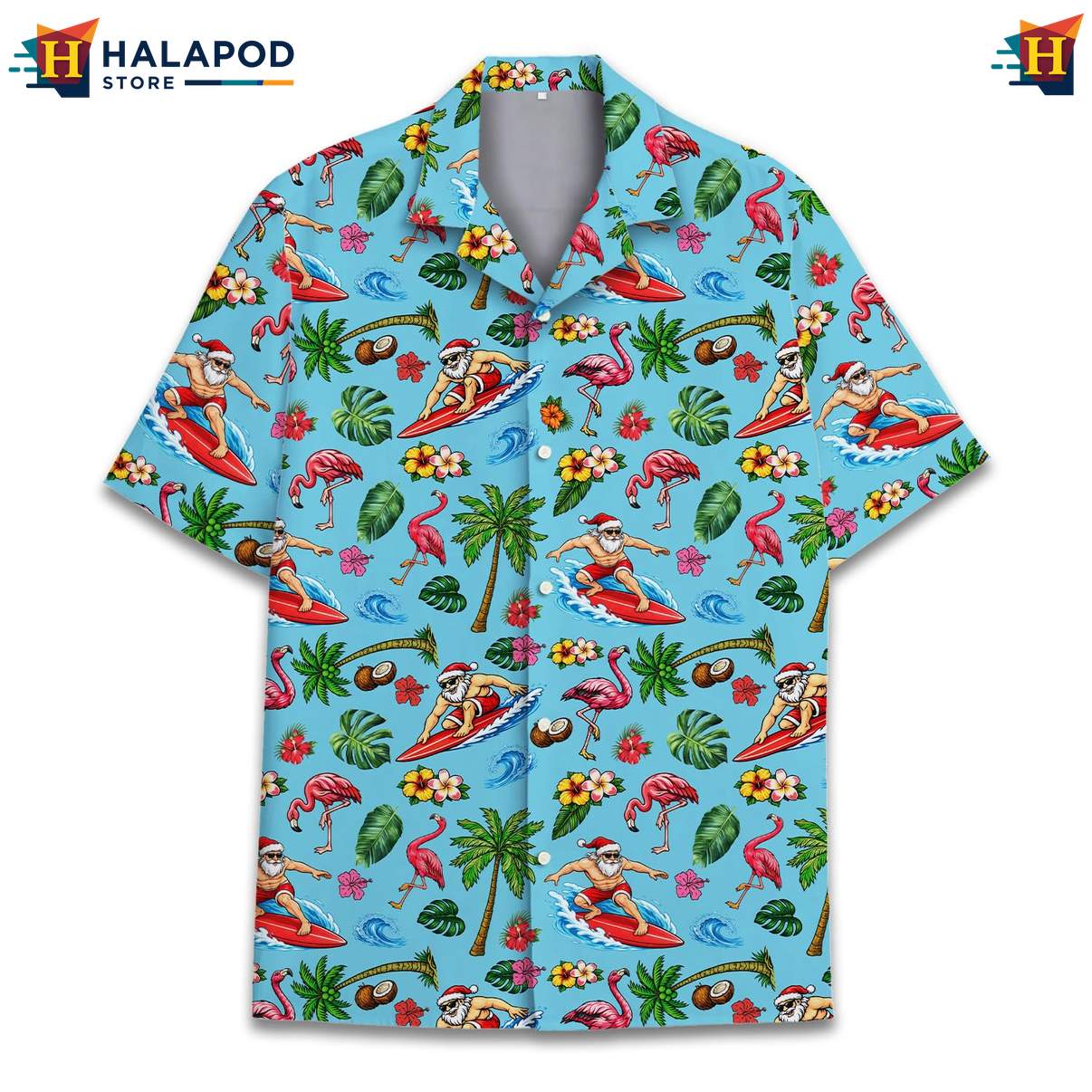 Festive Santa Claus Short-sleeve button-up shirt, Blue Summer Shirt With Tropical Elements