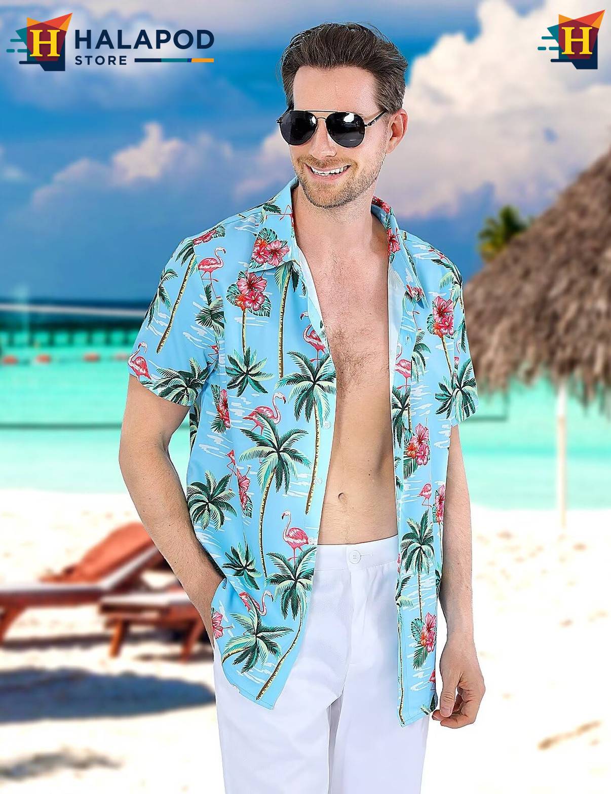 Flamingo Blue Short-sleeve button-up shirt Mens Tropical Beach Button Down Short Sleeve