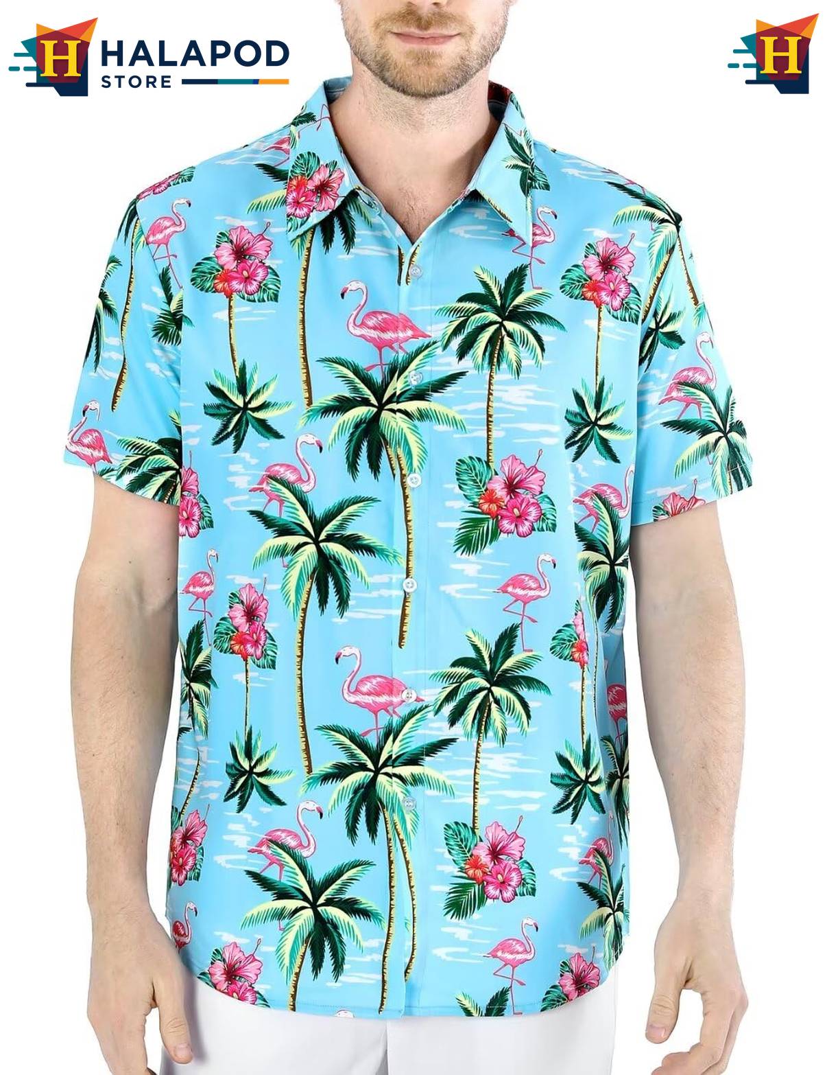 Flamingo Blue Tropical Shirt Mens Tropical Beach Button Down Short Sleeve