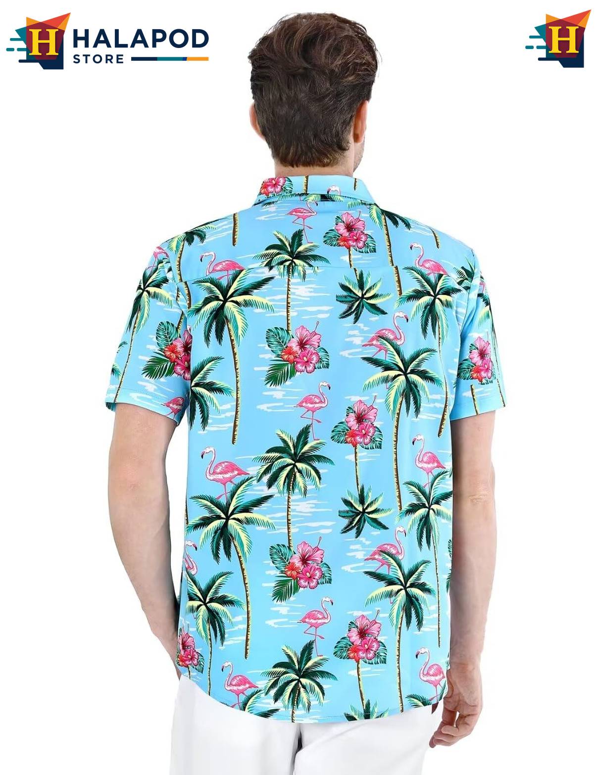 Flamingo Blue Aloha Shirt Mens Tropical Beach Button Down Short Sleeve