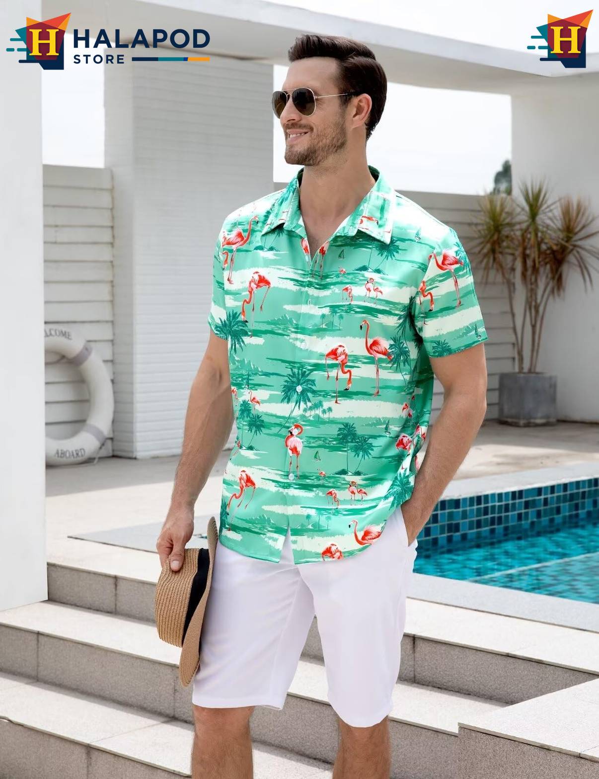 Flamingo Green Short-sleeve button-up shirt Mens Tropical Beach Button Down Short Sleeve
