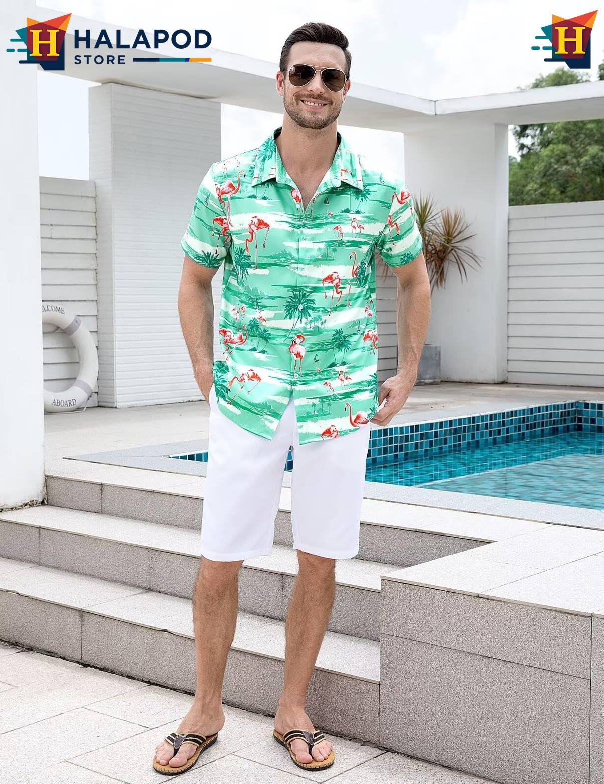 Flamingo Green Aloha Shirt Mens Tropical Beach Button Down Short Sleeve
