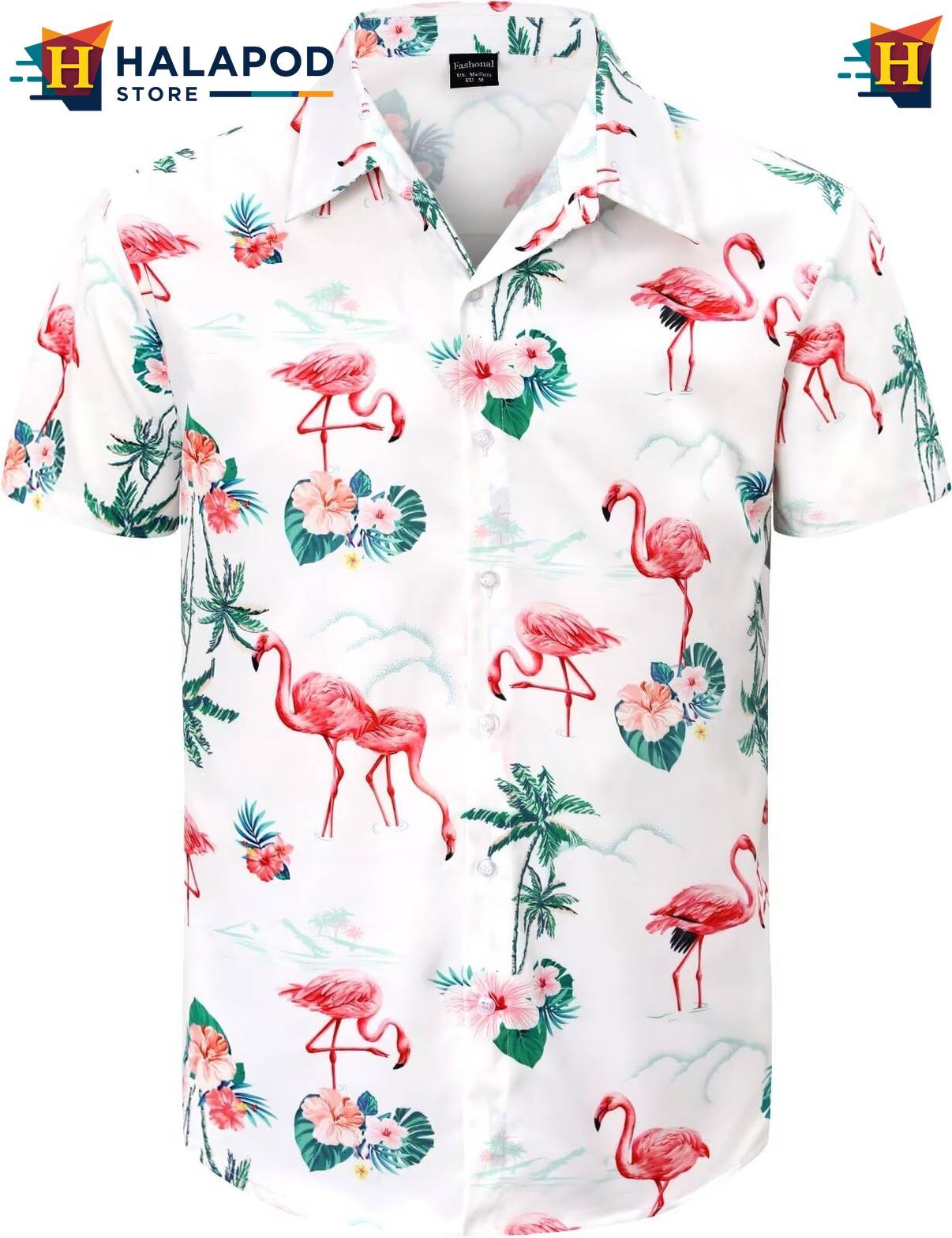 Flamingo White Hawaiian Shirt Mens Tropical Beach Button Down Short Sleeve