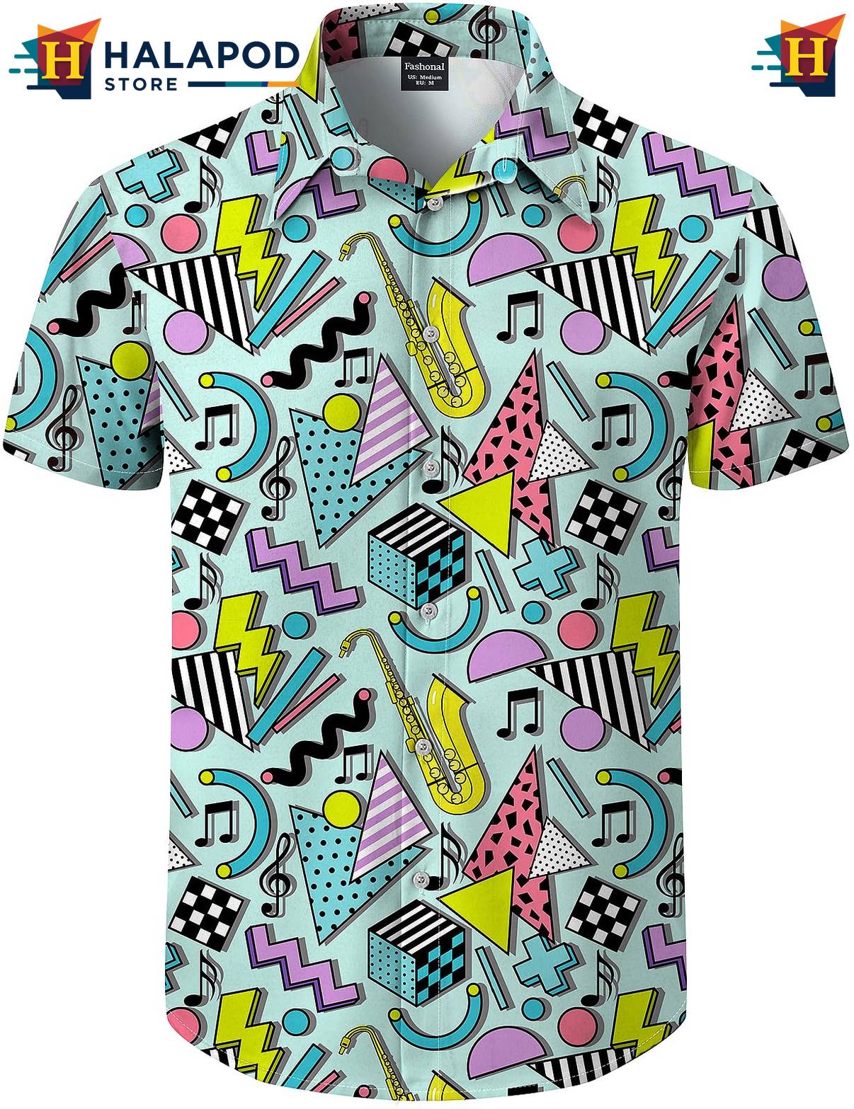Freshgreen Geometric Hawaiian Shirt Mens Tropical Beach Button Down Apparel