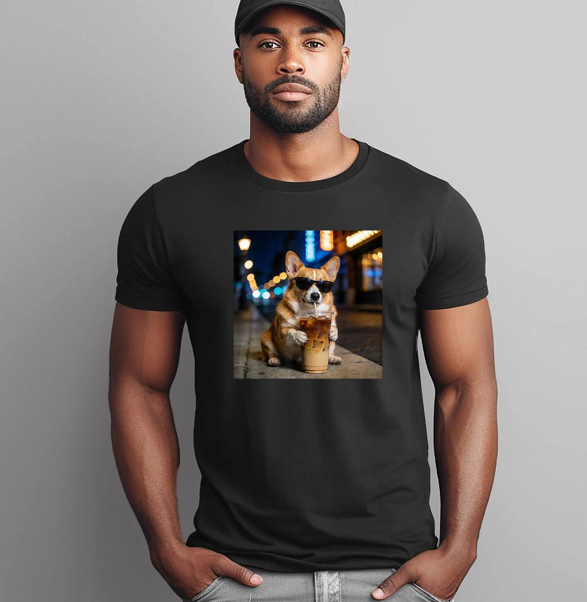 Funny Animal Meme Iced Coffee Shirt Dog Corgi Drinking Graphic For Mens