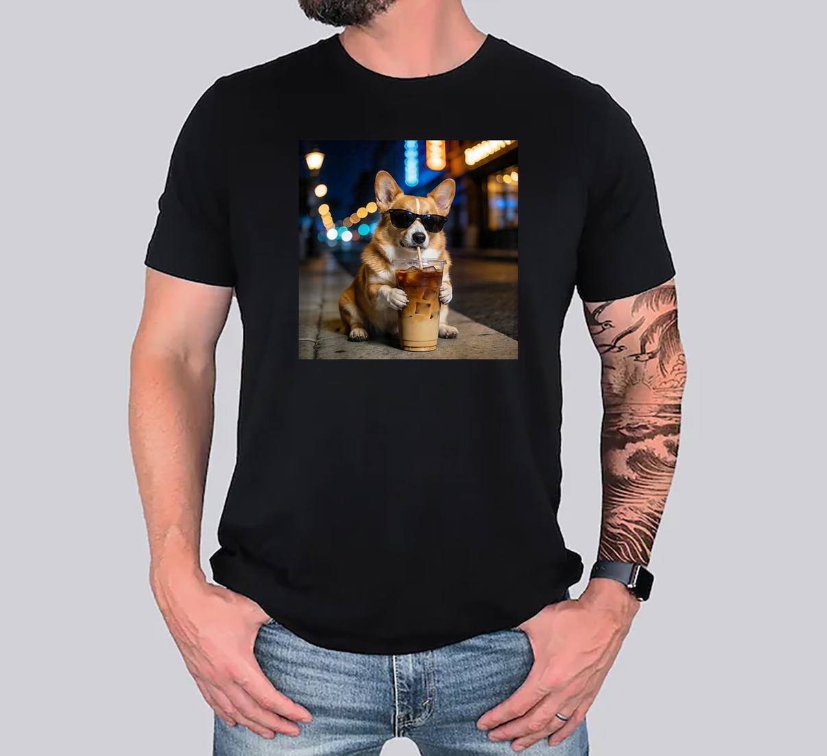 Funny Animal Meme Iced Coffee Tee Shirt Dog Corgi Drinking Graphic For Mens