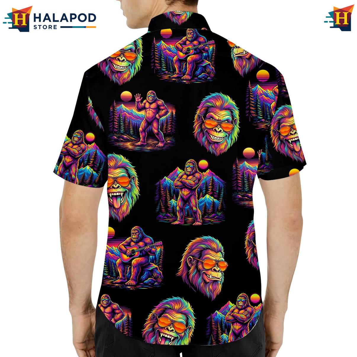 Funny Bigfoot Aloha Tee Shirt, Vibrant Black Neon Summer Shirt For Outdoor Fun