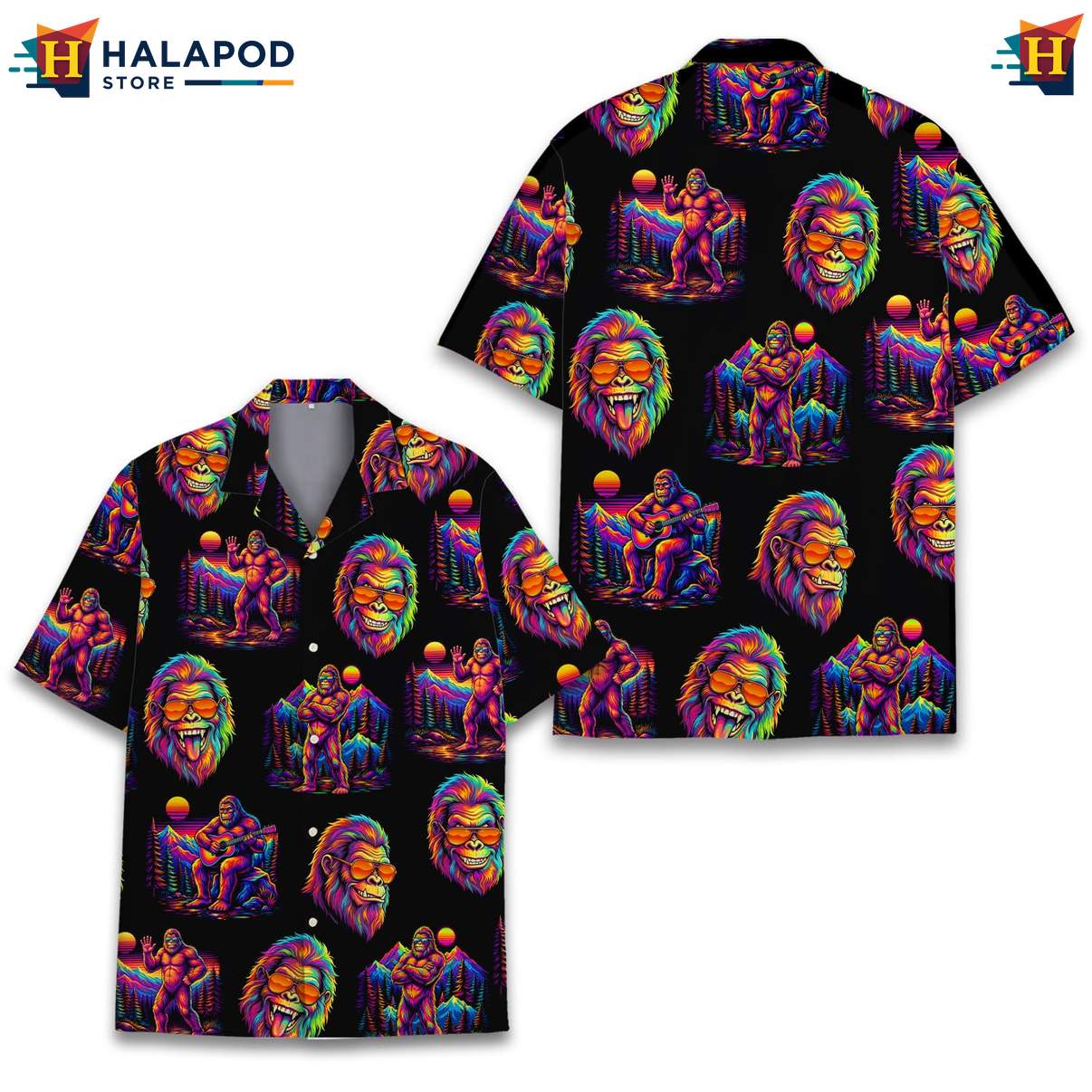 Funny Bigfoot Aloha T-Shirt, Vibrant Black Neon Summer Shirt For Outdoor Fun