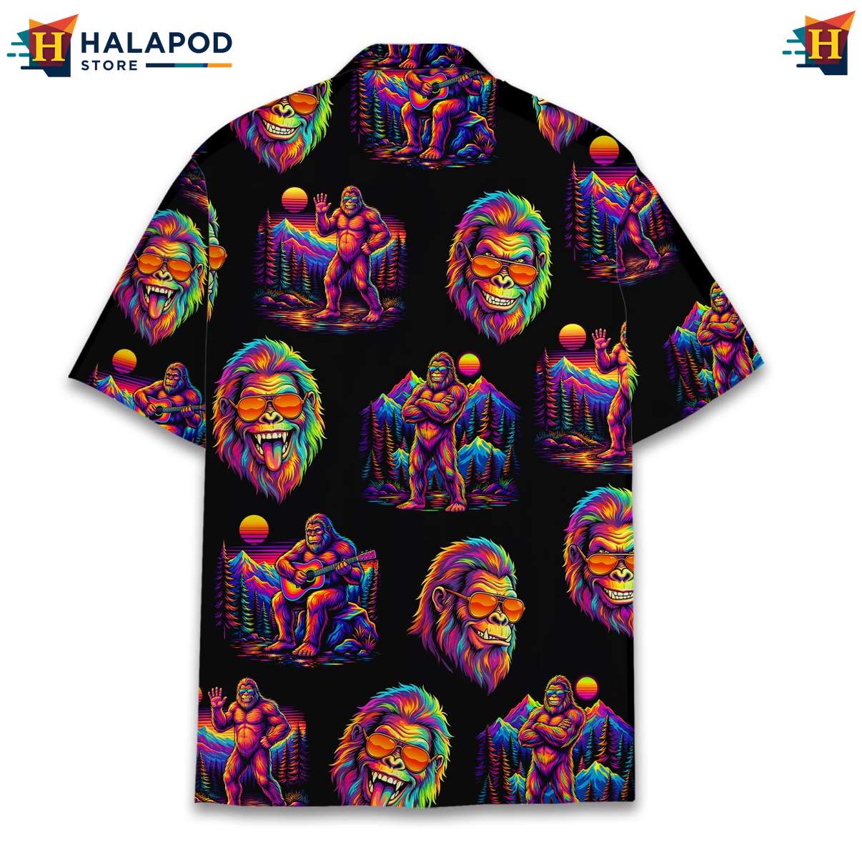 Funny Bigfoot Aloha Tee, Vibrant Black Neon Summer Shirt For Outdoor Fun