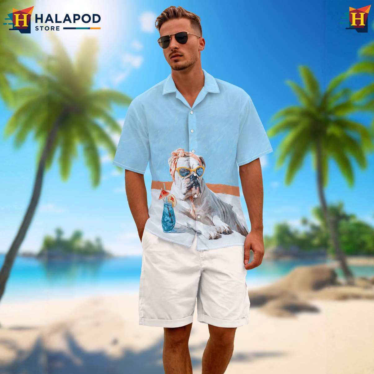 Funny Bulldog Mens Retro Hawaiian Shirt Graphic Aloha Summer Party Shirts