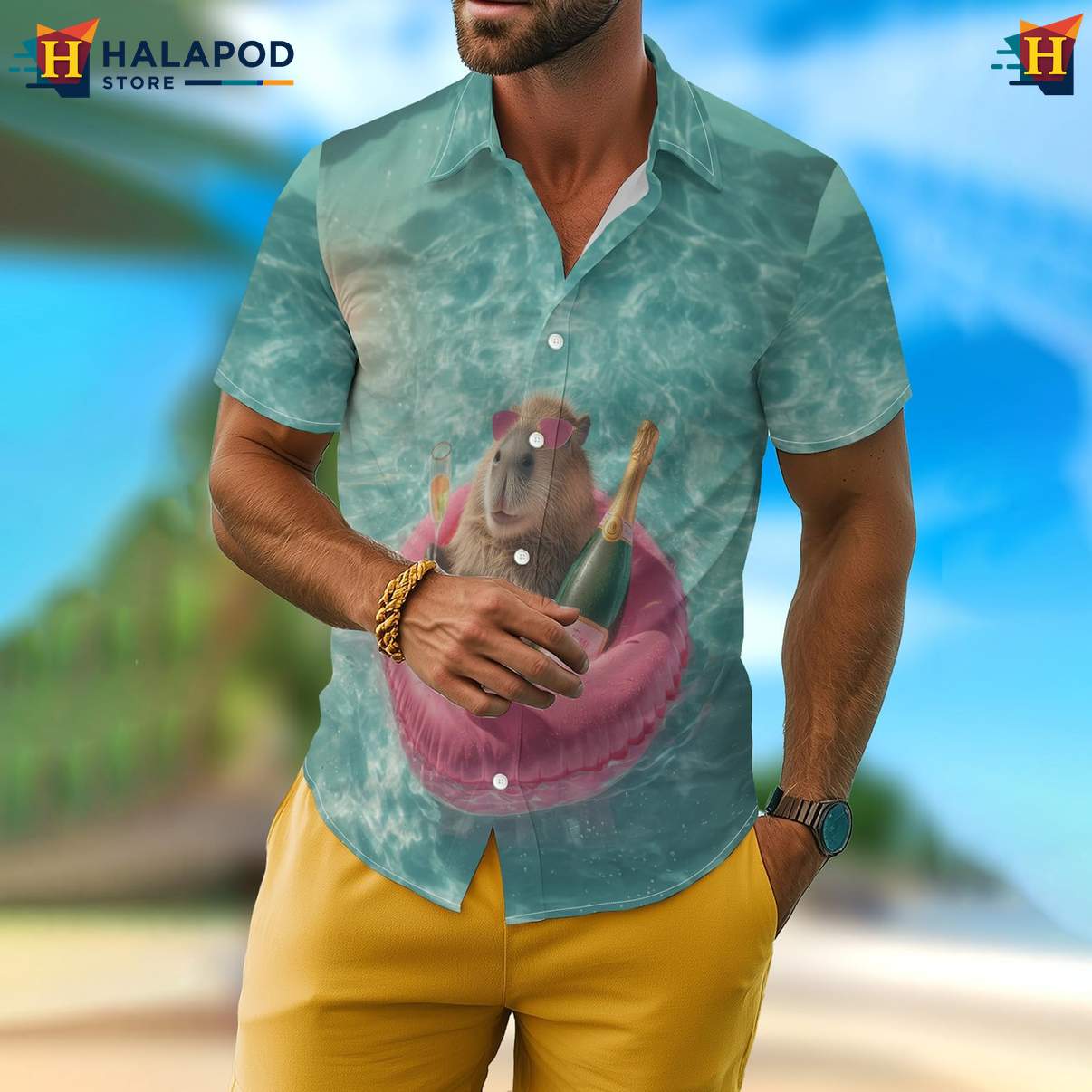Funny Capybara Mens Retro Short-sleeve button-up shirt Graphic Aloha Summer Beach Tops