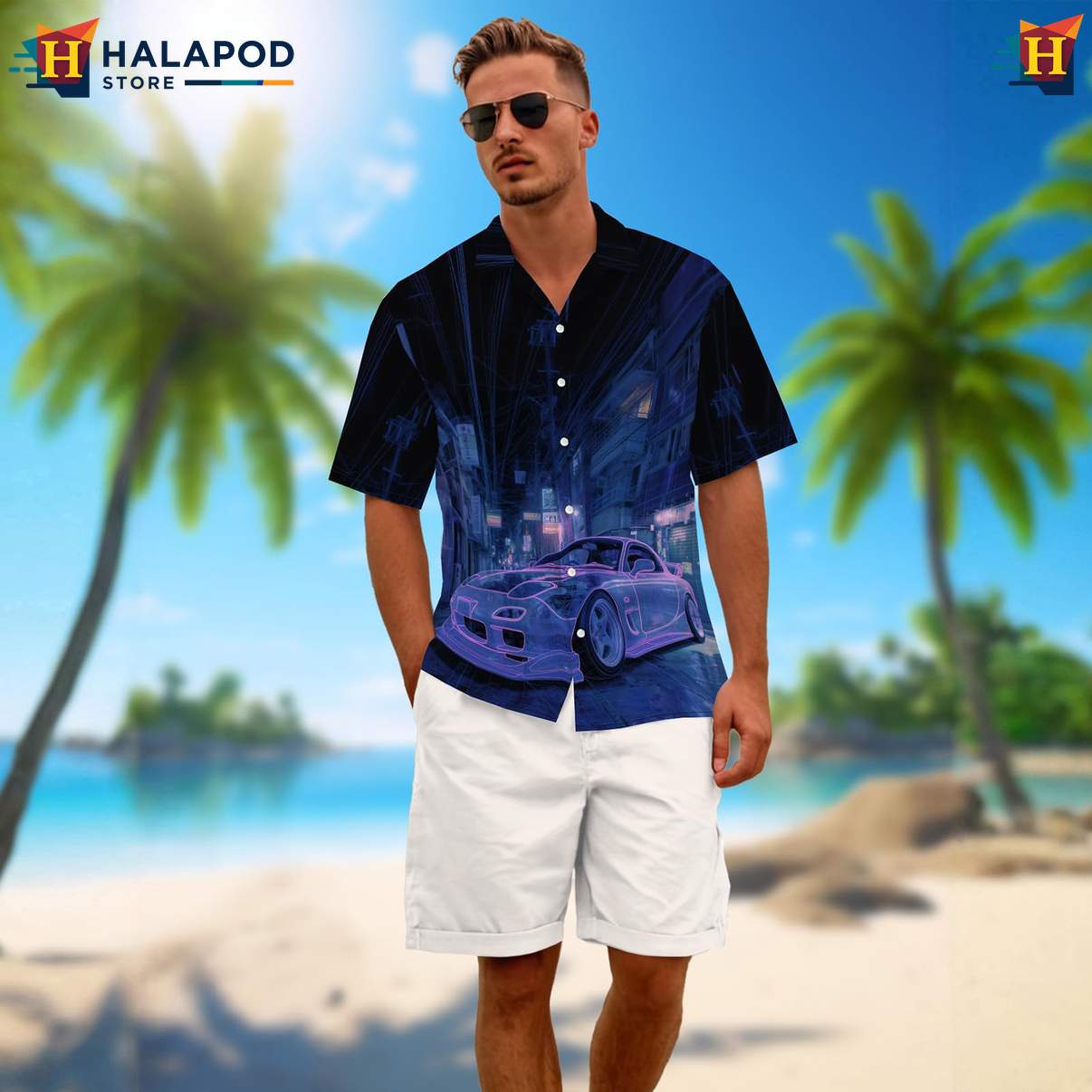 Funny Car Mens Retro Aloha Hawaiian Shirt Graphic Summer Vacation Apparel