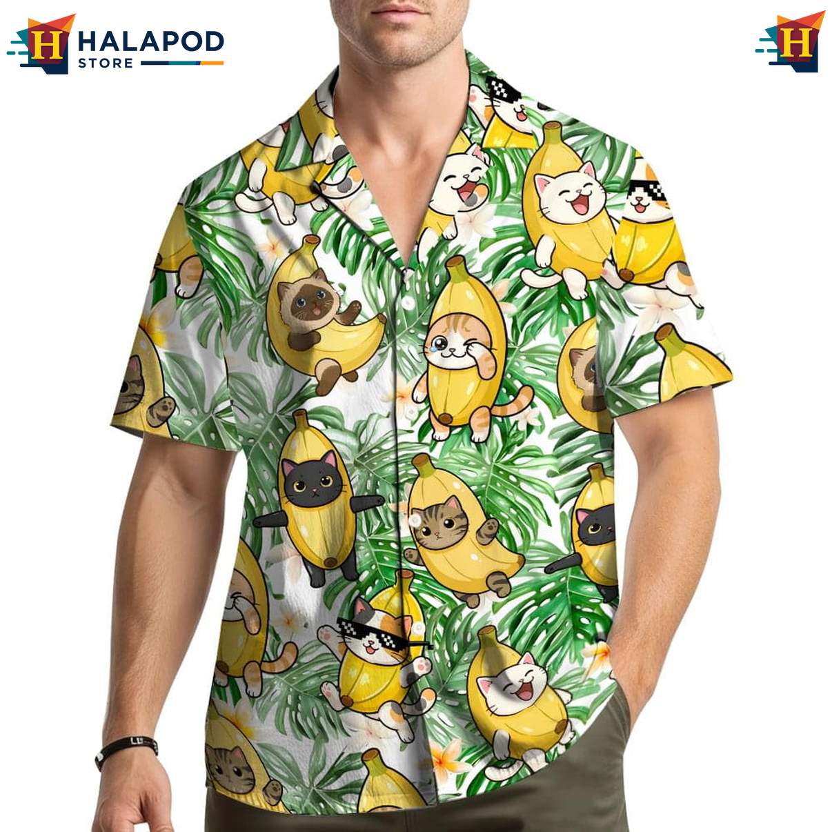 Funny Cat Banana Hawaiian Shirt, Cute Cats Tropical Button Down Summer Shirt