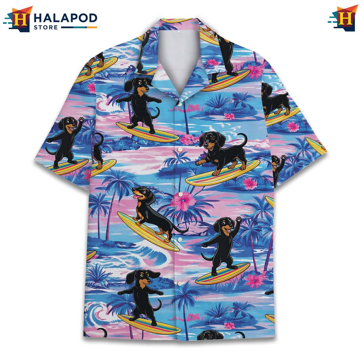 Funny Dachshund Aloha Shirt, Vibrant Summer Design With Palm Trees And Flowers