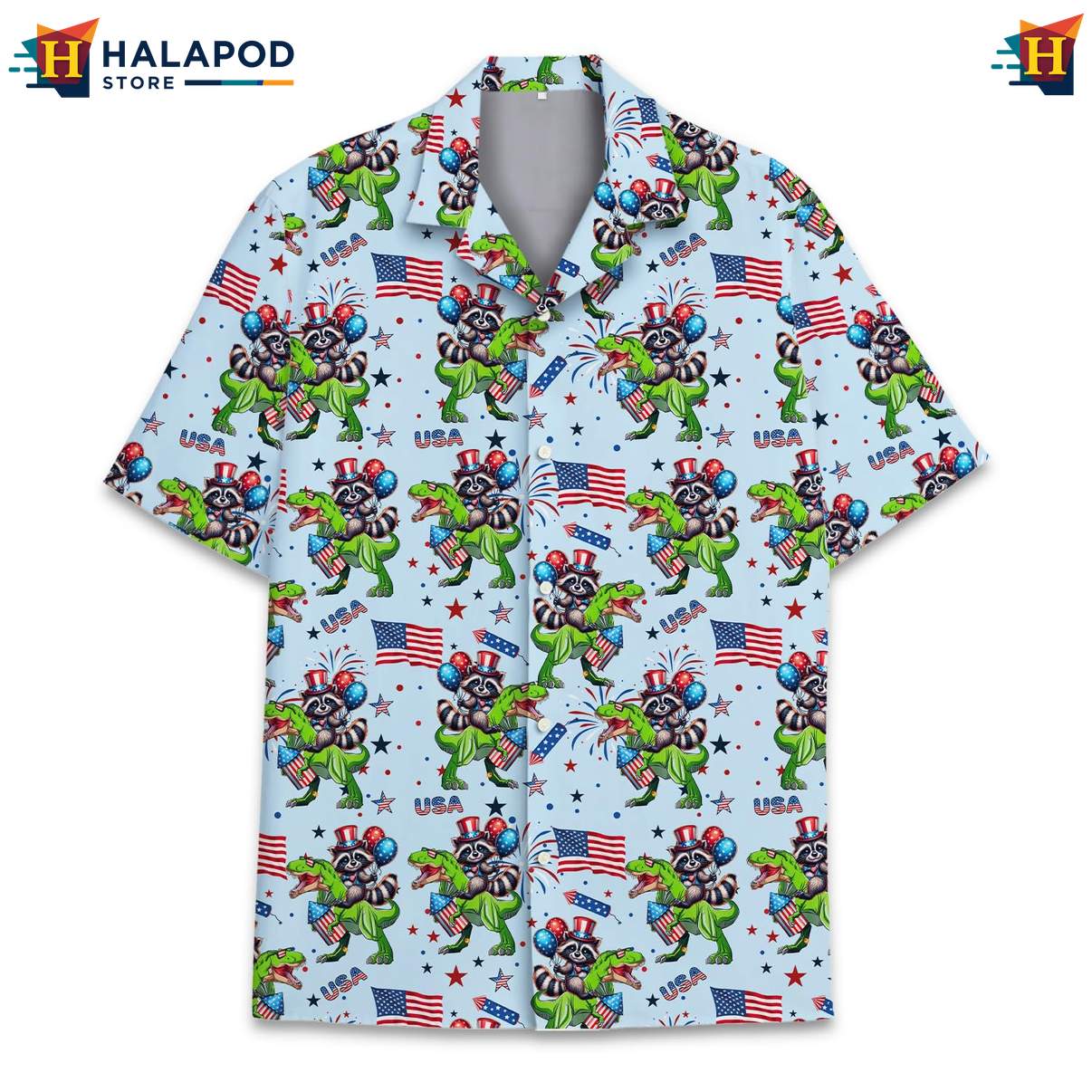Funny Dino Raccoon Aloha TShirt, Usa Flag Patriotic Button Down Shirt For 4th Of July