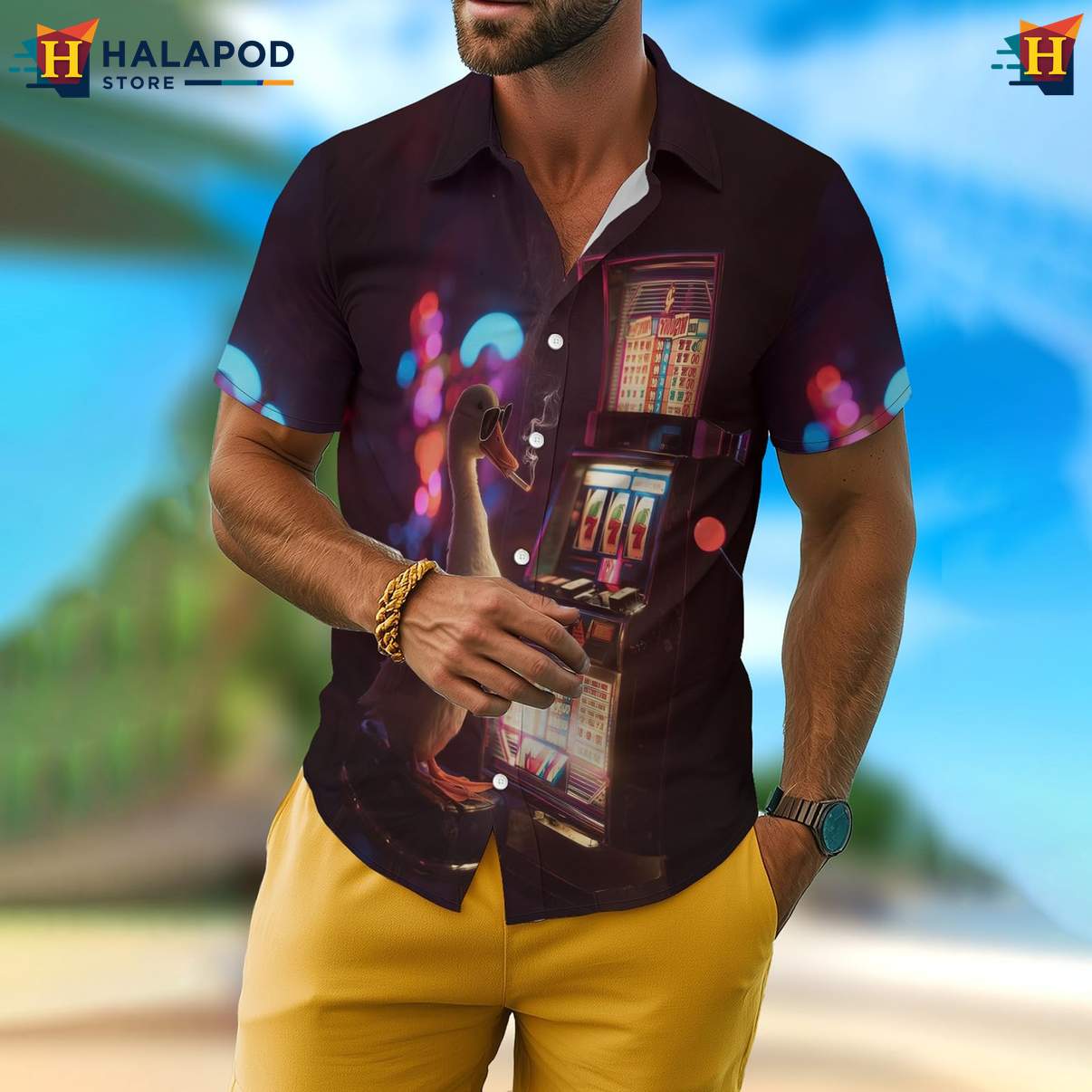 Funny Duck Mens Retro Short-sleeve button-up shirt Graphic Aloha Summer Vacation Tops