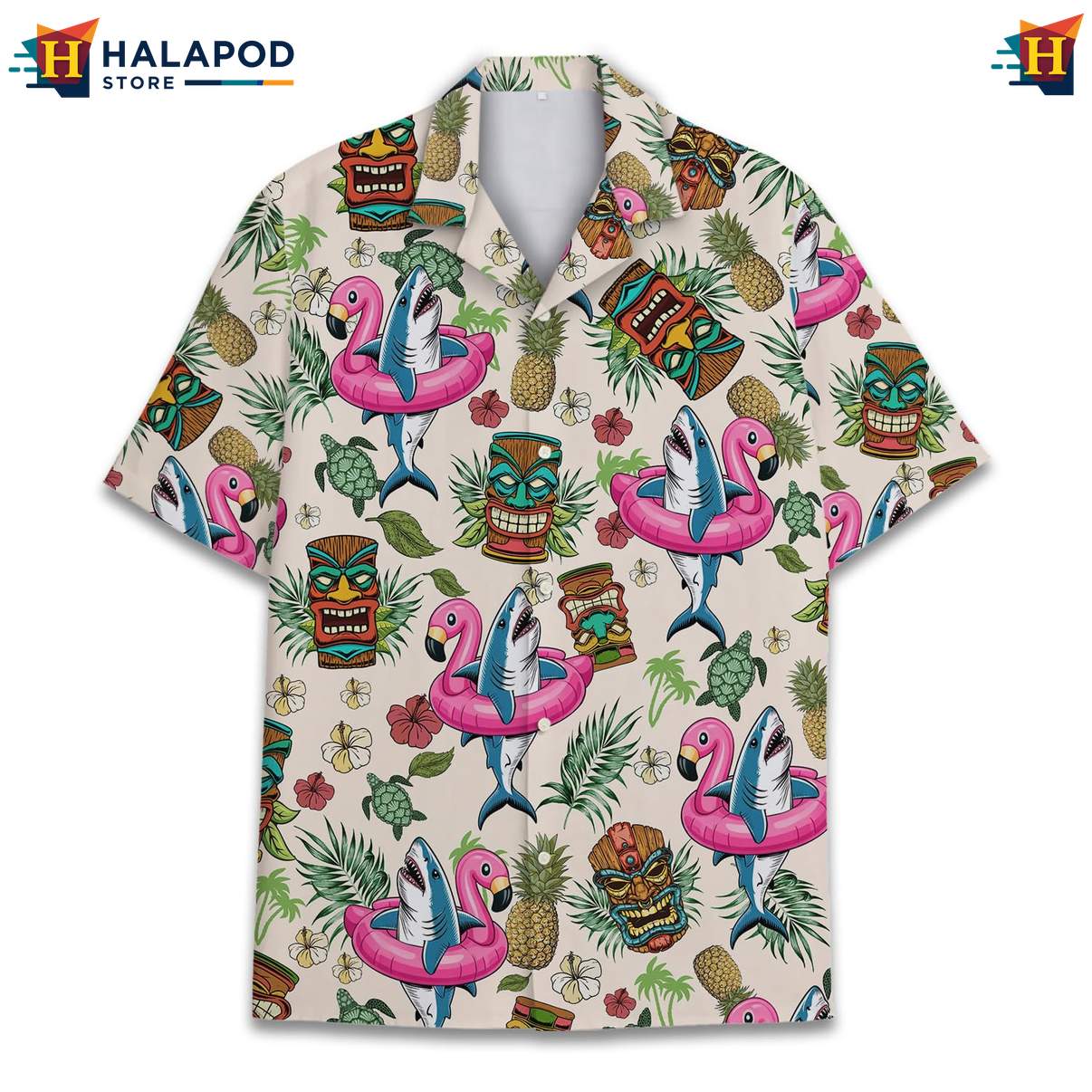 Funny Flamingo Aloha TShirt, Vibrant Tropical Shirt With Pink Flamingos And Tiki Motifs