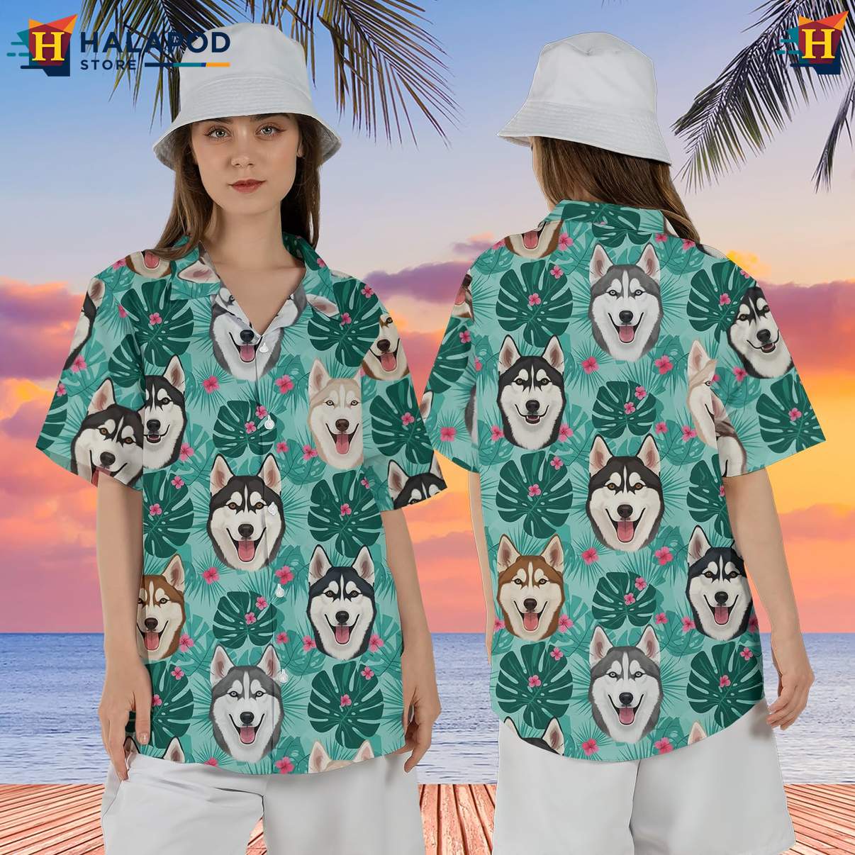 Funny Husky Dog Tropical Shirt Mens Short Sleeve Button Down Beach Clothing