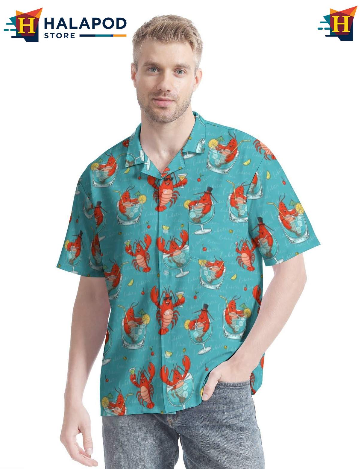 Funny Lobster Tropical Tee Shirt, Vibrant Turquoise Shirt With Playful Seafood Design
