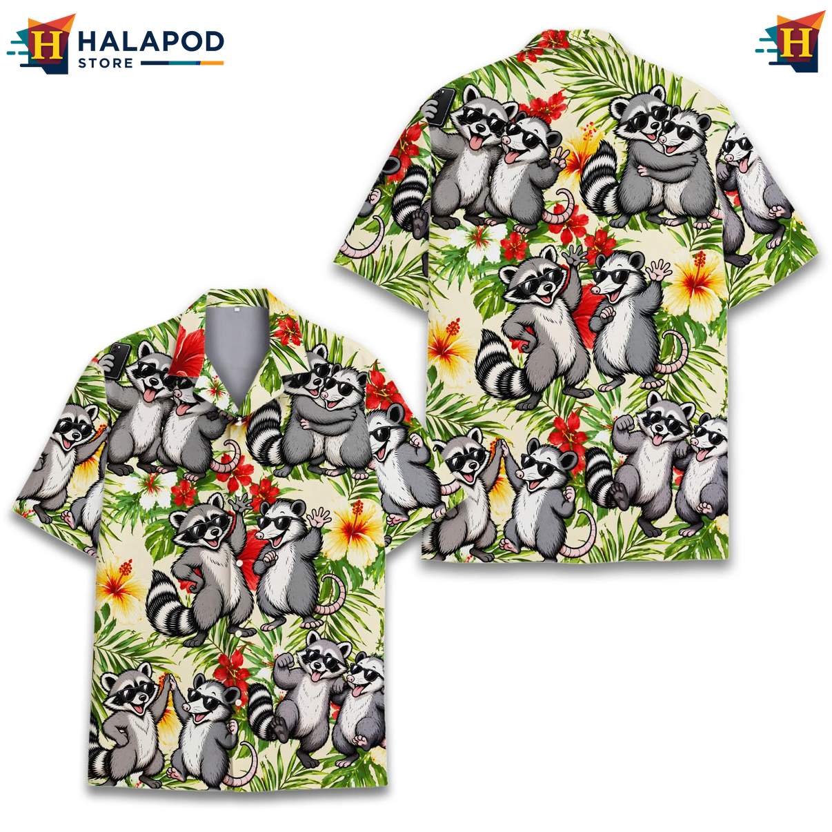 Funny Raccoon Aloha Tee Shirt, Multicolor Tropical Summer Shirt With Sunglasses And Flowers