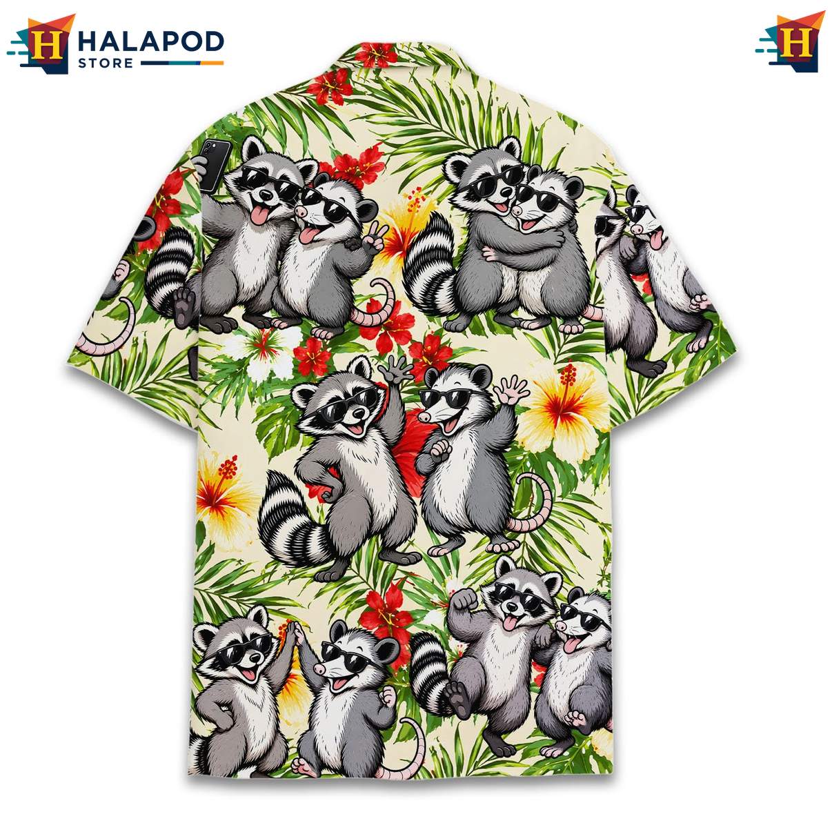 Funny Raccoon Aloha TShirt, Multicolor Tropical Summer Shirt With Sunglasses And Flowers