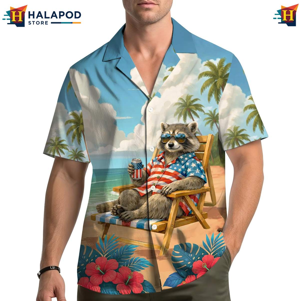 Funny Raccoon Aloha Shirt, Usa Flag Tropical Shirt For 4th Of July Celebrations