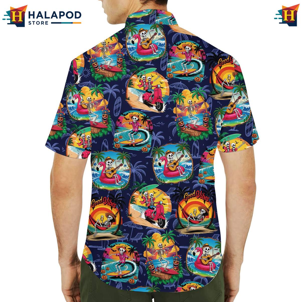 Funny Skeleton Aloha Tee Shirt, Navy Cute Cat Summer Beach Button Down Shirt