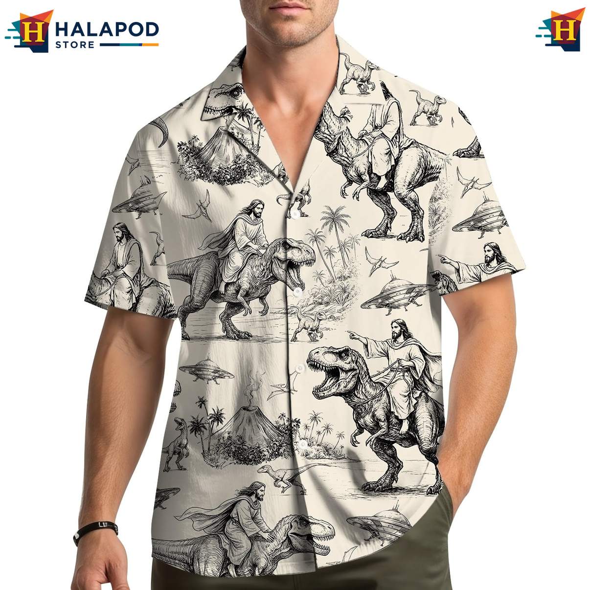 Funny T Rex Hawaiian Shirt, Beige Cartoon Dinosaur Design With Tropical Elements