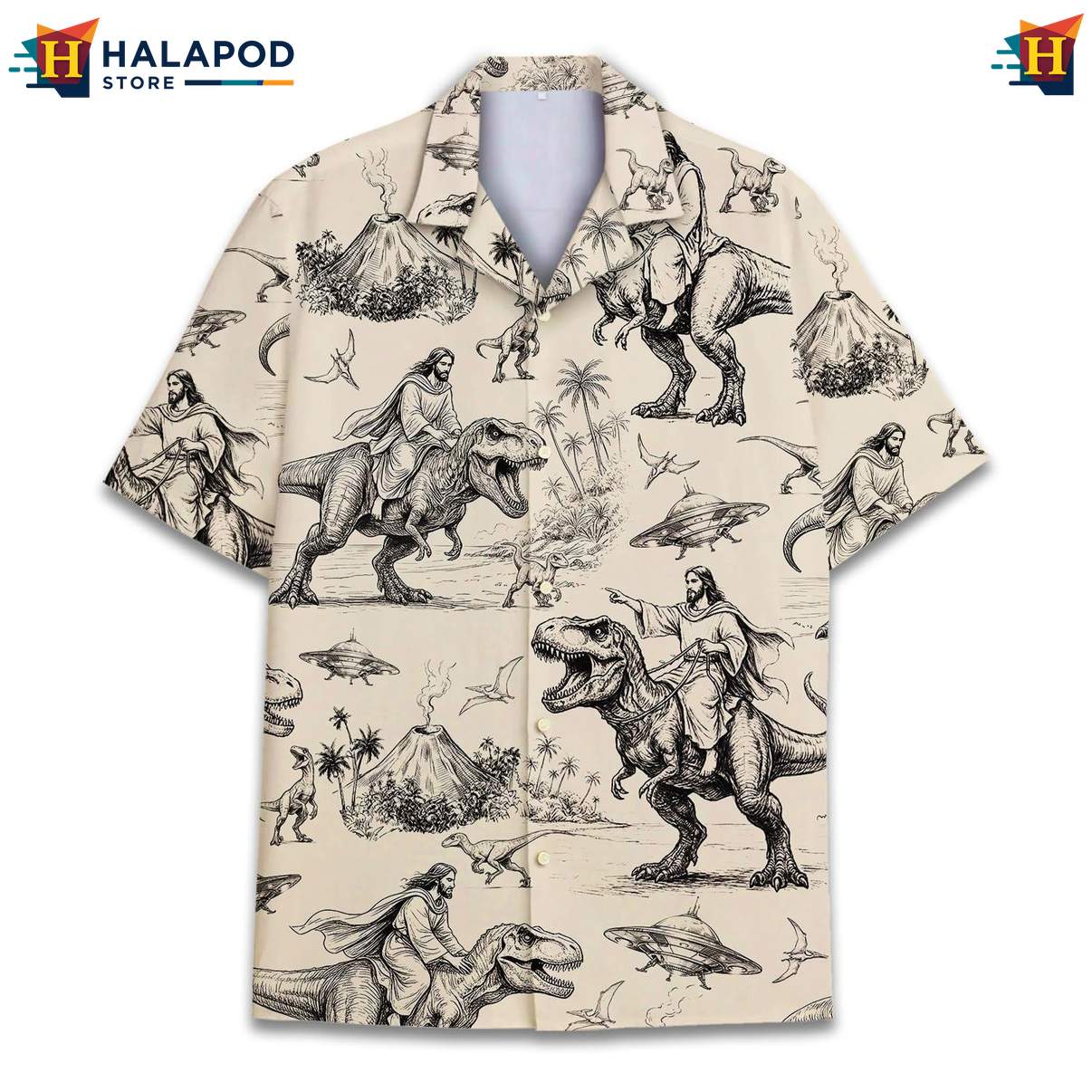 Funny T Rex Aloha Shirt, Beige Cartoon Dinosaur Design With Tropical Elements