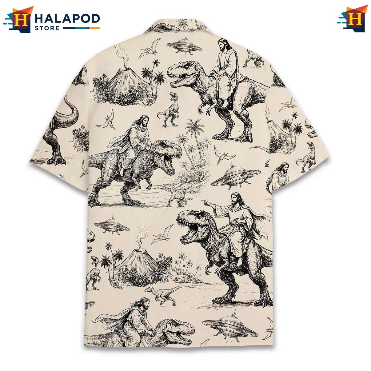 Funny T Rex Short-sleeve button-up shirt, Beige Cartoon Dinosaur Design With Tropical Elements