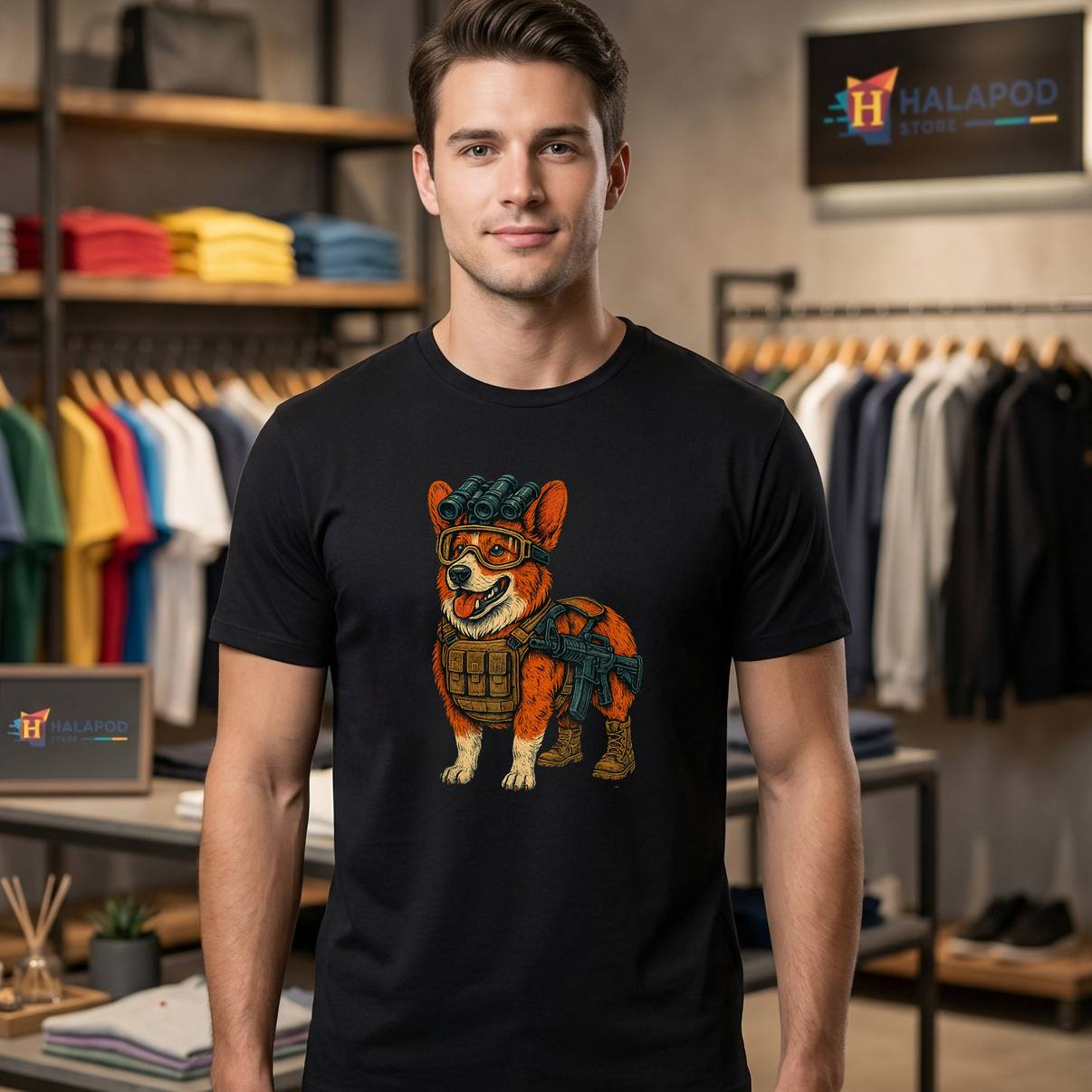 Funny Tactical Corgi Dog Tee Shirt Design For Lover Graphic Design Apparel Men