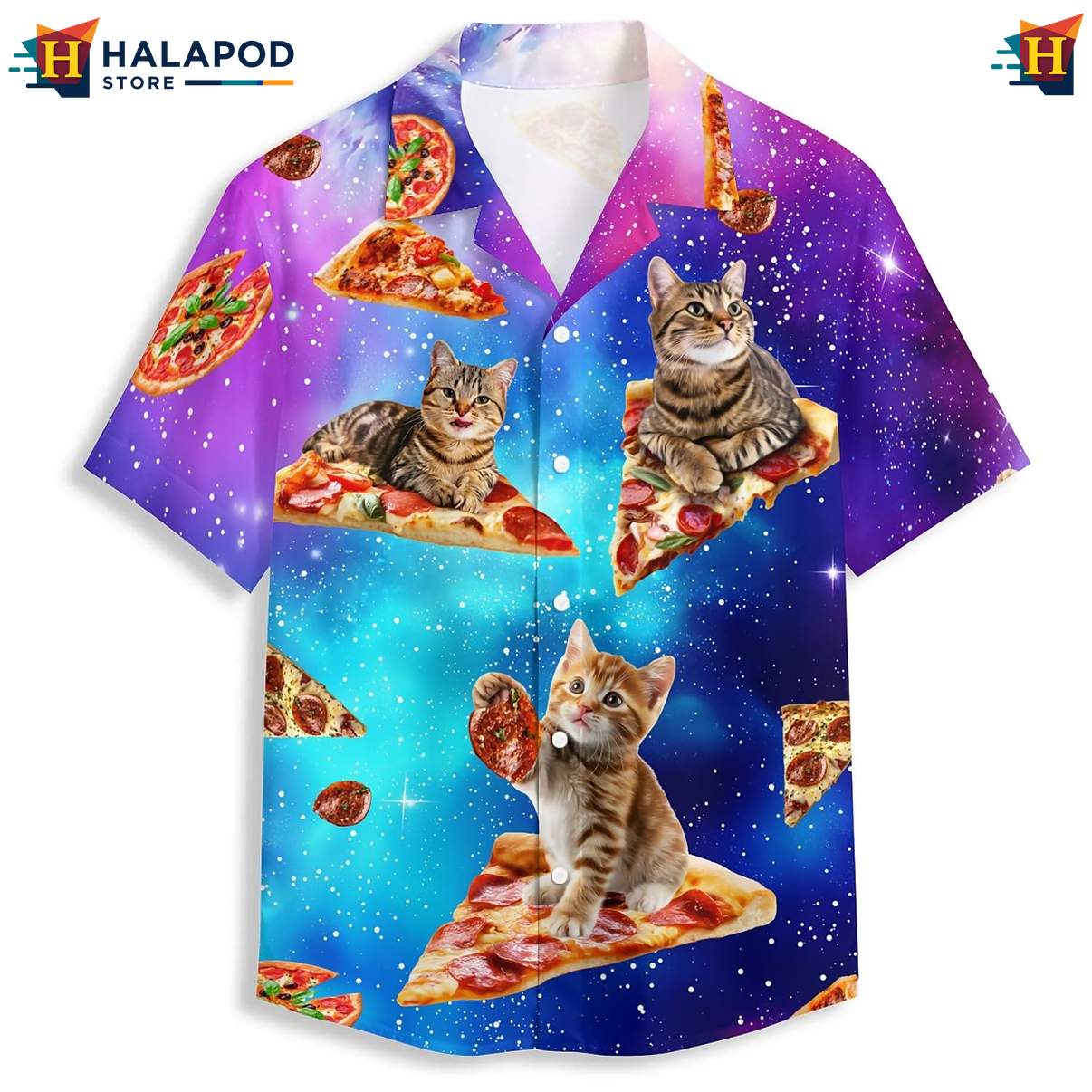 Galaxy Cat Pizza Space Hawaiian Shirt Tropical Short Sleeve Beachwear