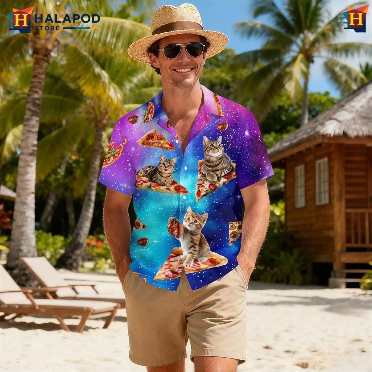 Galaxy Cat Pizza Space Short-sleeve button-up shirt Tropical Short Sleeve Beachwear