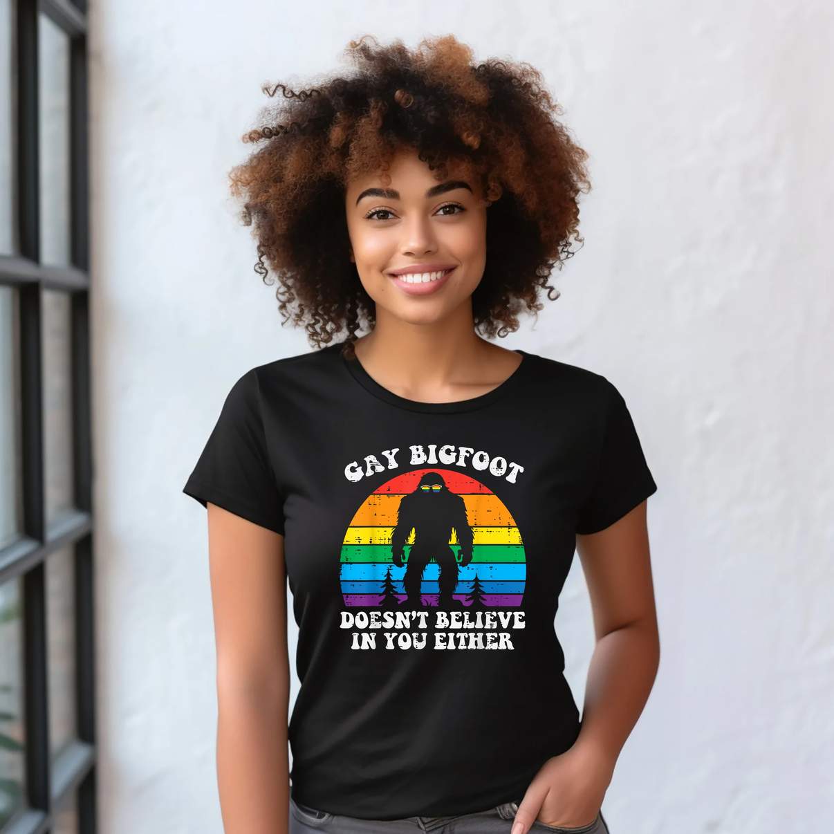 Gay Bigfoot Doesnt Believe Shirt You Rainbow Pride Flag LGBTQ Graphic For Men