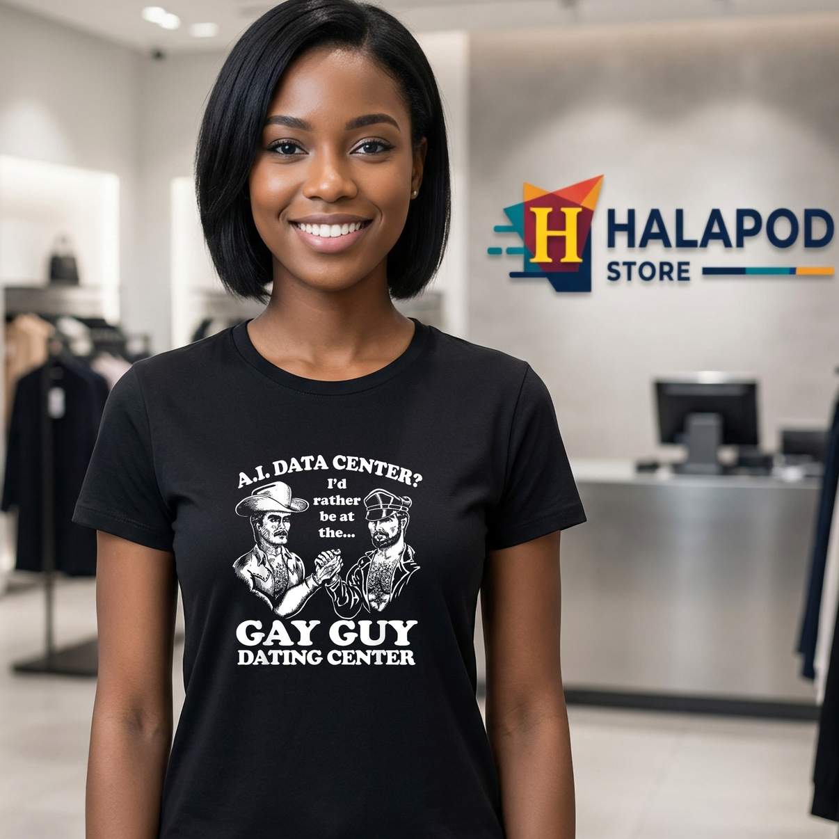 Gay Guy Dating Center Humor T-Shirt Funny AI Data Meme Graphic For Mens