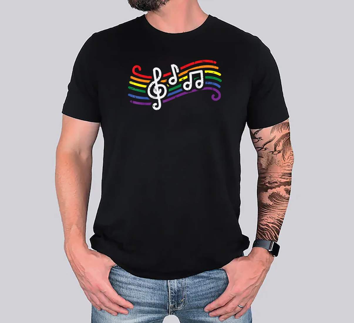 Gay Musical Notes Pride Shirt Rainbow Flag Month LGBTQ Graphic Design For Mens