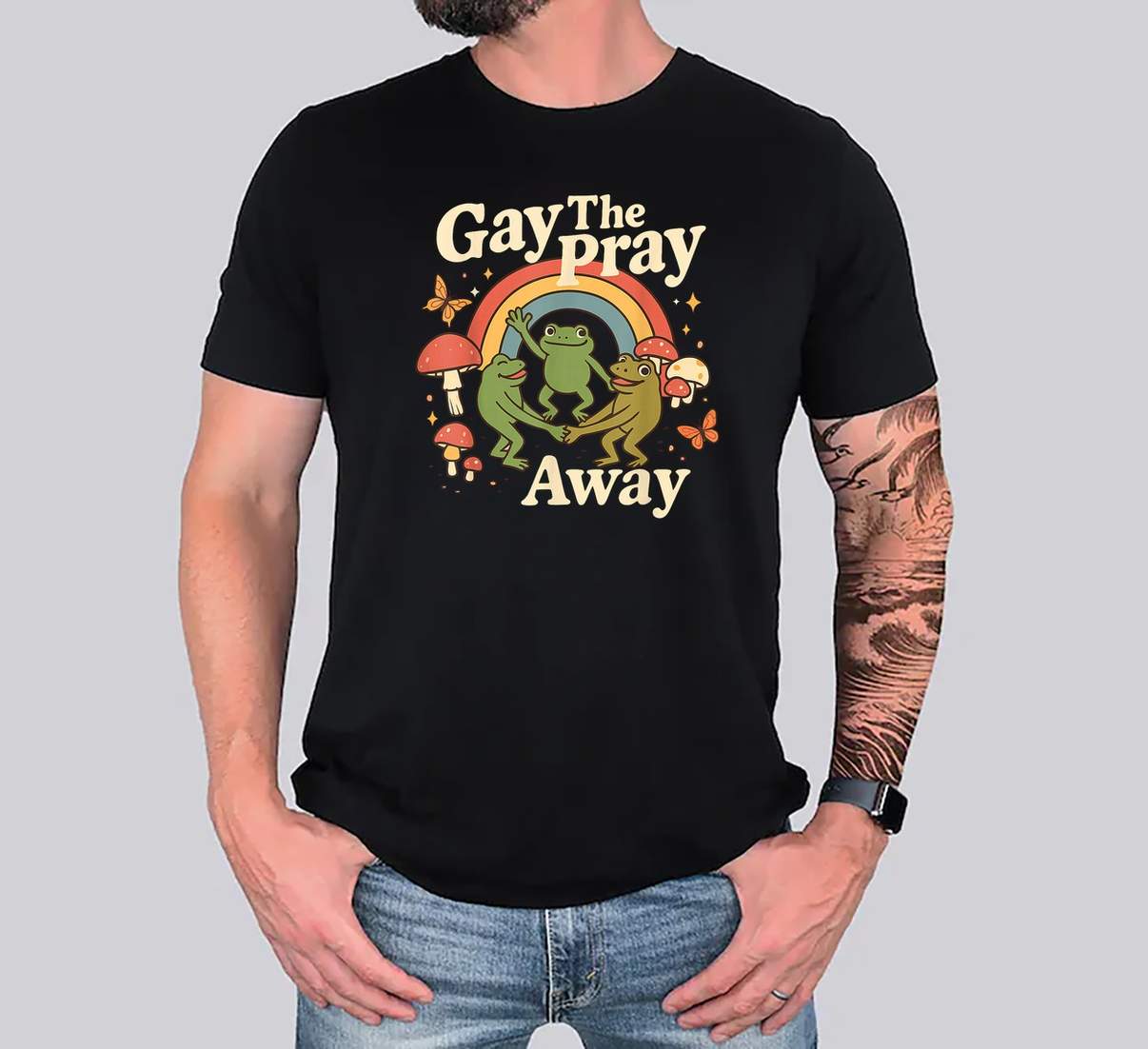 Gay Pray Away Funny Meme Tee Shirt Frogs LGBT Pride LGBTQ Rainbow Graphic For Men