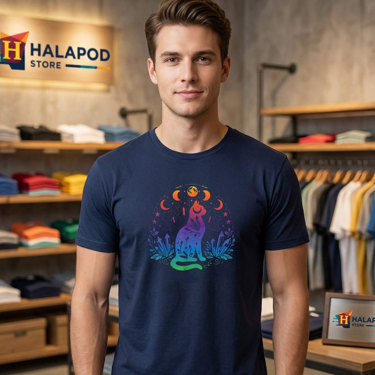 Gay Pride Cat Moon Phases T-Shirt LGBTQ Ally Rainbow Funny Graphic Design Women