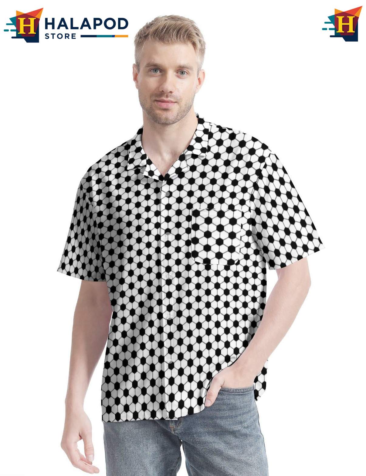 Geometric Soccer Pattern Short-sleeve button-up shirt, Black And White Tropical Button Up Shirt For Casual Wear