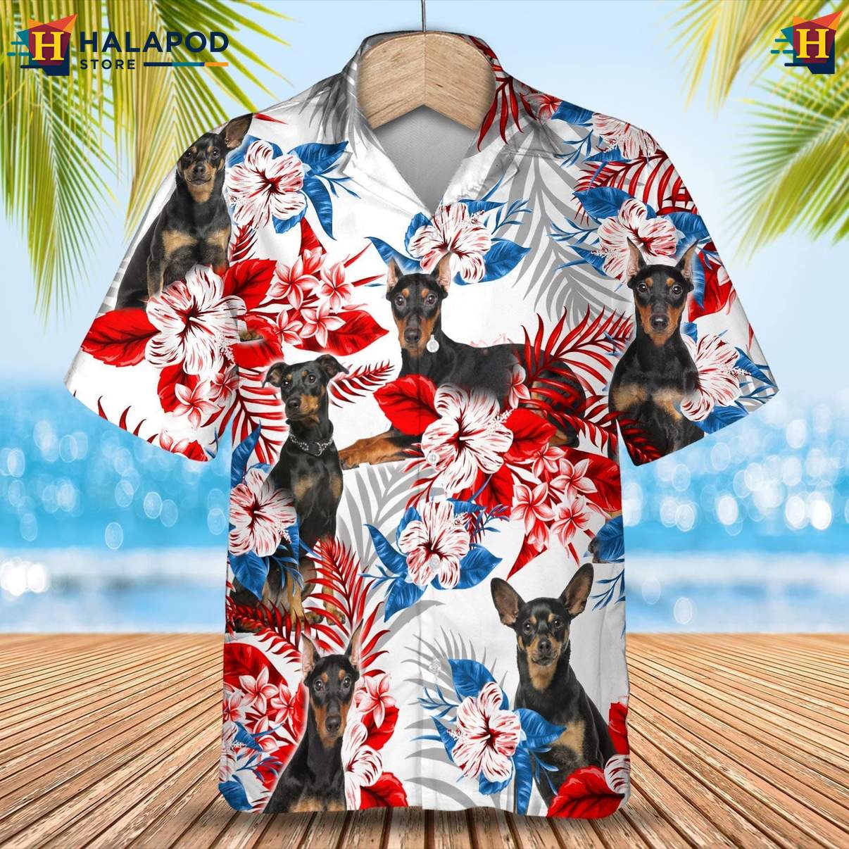 German Pinscher Dog Short-sleeve button-up shirt Tropical Leaf Aloha Button Down Outfit